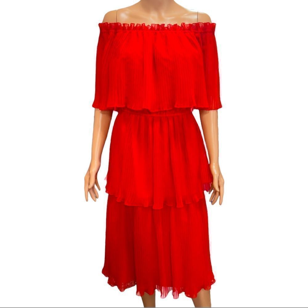 Alfred Werber Vintage Red Electric Pleated Tiered Off Shoulder Dress Size 10